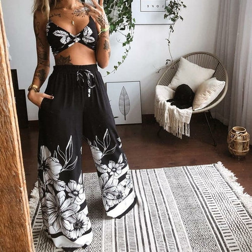 Casual Two Piece Set Women Top And Wide-leg Pants Sets Street Style